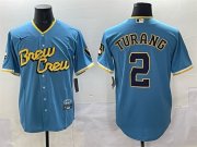 Men's Milwaukee Brewers #2 Brice Turang Powder Blue City Connect Cool Base Stitched Jersey Cheap Wholesale