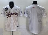 Cheap Men's LSU Tigers Blank White Pinstripe 2025 World Series & SEC Patch Stitched Baseball Jersey