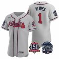 Wholesale Cheap Men Atlanta Braves 1 Ozzie Albies 2021 Gray World Series With 150th Anniversary Patch Stitched Baseball Jersey