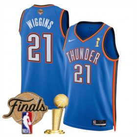Men\'s Oklahoma City Thunder #21 Aaron Wiggins Blue 2025 Finals Patch And Finals Champions Patch Icon Edition Stitched Basketball Jersey