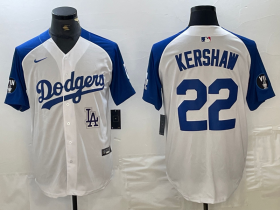 Cheap Men\'s Los Angeles Dodgers #22 Clayton Kershaw White Blue Fashion Stitched Cool Base Limited Jerseys