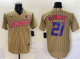 Cheap Men\'s Puerto Rico Baseball #21 Roberto Clemente Tan 2023 World Baseball Classic Stitched Jersey