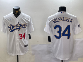 Cheap Men\'s Los Angeles Dodgers #34 Fernando Valenzuela Number White Gold Championship Stitched Cool Base Nike Jersey