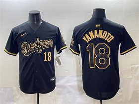Cheap Men\'s Los Angeles Dodgers #18 Yoshinobu Yamamoto Black Gold Limited Stitched Jersey