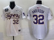 Cheap Men's LSU Tigers #32 Kade Anderson White Pinstripe 2025 World Series & SEC Patch Stitched Baseball Jersey