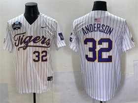Cheap Men\'s LSU Tigers #32 Kade Anderson White Pinstripe 2025 World Series & SEC Patch Stitched Baseball Jersey