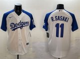 Men's Los Angeles Dodgers #11 Roki Sasaki White Blue Cool Base Stitched Baseball Jersey Cheap