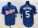 Cheap Men's Los Angeles Dodgers #5 Freddie Freeman Royal With American Flag Patch Limited Stitched Baseball Jersey