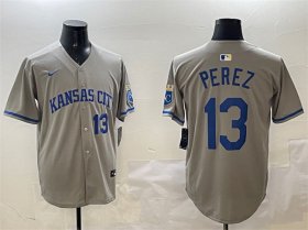 Men\'s Kansas City Royals #13 Salvador Perez Gray 2024 Away Limited Stitched Baseball Jersey Cheap