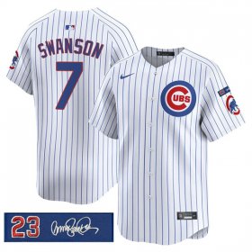 Men\'s Chicago Cubs #7 Dansby Swanson White Pinstripe \'Ryne Sandberg Tribute\' Vapor Limited V3 Stitched Baseball Jersey Cheap Wholesale