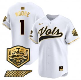 Men\'s Tennessee Volunteers #1 Christian Moore White Gold 2024 Champions Vapor Limited Stitched Jersey