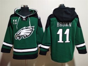 Wholesale Men\'s Philadelphia Eagles #11 A. J. Brown Green Lace-Up Pullover Hoodie