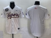 Cheap Men's LSU Tigers Blank White Pinstripe 2025 World Series & SEC Patch Stitched Baseball Jersey
