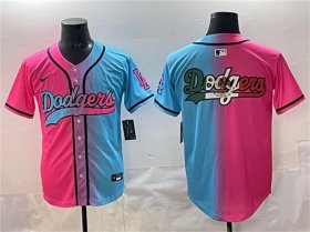 Men\'s Los Angeles Dodgers Team Big Logo Pink Blue Limited Stitched Baseball Jersey Cheap Wholesale
