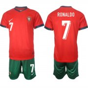 Cheap Youth Portugal Team #7 Ronaldo 2024-25 Red Home Soccer Jersey Suit