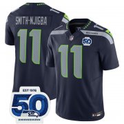 Men's Seattle Seahawks #11 Jaxon Smith-Njigba Navy 2025 F.U.S.E. 50th Anniversary Patch Vapor Limited Football Stitched Jersey Cheap Wholesale