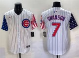 Cheap Men's Chicago Cubs #7 Dansby Swanson White Pinstripe 2025 Independence Day Vapor Premier Limited Stitched Baseball Jersey