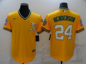 Wholesale Cheap Men\'s Oakland Athletics #24 Rickey Henderson Yellow Nike Throwback Cool Base Jersey