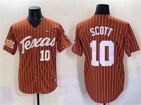 Cheap Men\'s Texas Longhorns #10 Mia Scott Orange Pinstripe 2025 Softball National Champions & SEC Patch Stitched Jersey