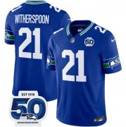 Men's Seattle Seahawks #21 Devon Witherspoon Royal 2025 F.U.S.E 50th Anniversary Patch Throwback Vapor Limited Football Stitched Jersey Cheap Wholesale