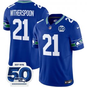 Men\'s Seattle Seahawks #21 Devon Witherspoon Royal 2025 F.U.S.E 50th Anniversary Patch Throwback Vapor Limited Football Stitched Jersey Cheap Wholesale