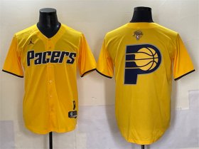 Cheap Men\'s Indiana Pacers Team Big Logo Yellow 2025 Finals Vapor Stitched Baseball Jersey