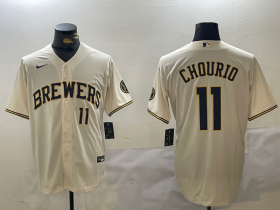 Men\'s Milwaukee Brewers #11 Jackson Chourio Number Cream Stitched Cool Base Nike Jersey