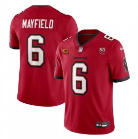Men\'s Tampa Bay Buccaneers #6 Baker Mayfield Red 2025 50th Anniversary Patch And 4-Star C Patch Vapor Untouchable Limited Football Stitched Jersey