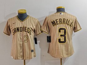 Cheap Women\'s San Diego Padres #3 Jackson Merrill Tan NEW 2023 Cool Base Stitched Jerseys