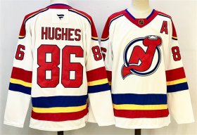 Men\'s New Jersey Devils #86 Jack Hughes White Red 2024-25 With A Patch Stitched Hockey Jersey
