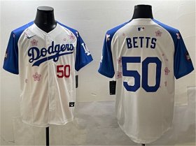 Men\'s Los Angeles Dodgers #50 Mookie Betts White Royal 2025 Tokyo Series Limited Stitched Baseball Jersey Cheap