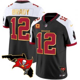 Men\'s Tampa Bay Buccaneers #12 Tom Brady Black White With Florida Patch Gold Trim Vapor Football Stitched Jersey