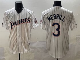 Men\'s San Diego Padres #3 Jackson Merrill White Throwback With Patch Cool Base Stitched Baseball Jersey