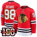 Cheap Men's Chicago Blackhawks #98 Connor Bedard Red 2025 Home 100th Anniversary Stitched Hockey Jersey
