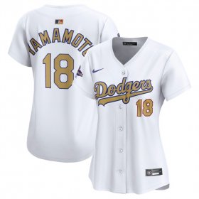 Women\'s Los Angeles Dodgers #18 Yoshinobu Yamamoto White 2025 Gold Collection Limited Stitched Baseball Jersey(Run Small) Cheap