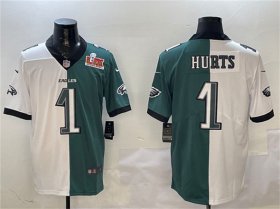 Cheap Men\'s Philadelphia Eagles #1 Jalen Hurts White & Green Split 2025 Super Bowl LIX Patch Vapor Untouchable Limited Football Stitched Jersey