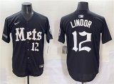 Cheap Men's New York Mets #12 Francisco Lindor Black 'Gotham Gothic Edition' Vapor Premier Limited Stitched Baseball Jersey