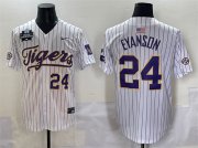 Cheap Men's LSU Tigers #24 Anthony Eyanson White Pinstripe 2025 World Series & SEC Patch Stitched Baseball Jersey
