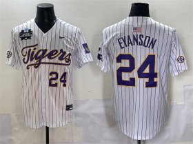 Cheap Men\'s LSU Tigers #24 Anthony Eyanson White Pinstripe 2025 World Series & SEC Patch Stitched Baseball Jersey
