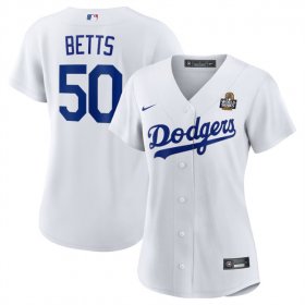 Cheap Women\'s Los Angeles Dodgers #50 Mookie Betts White 2024 World Series Cool Base Stitched Baseball Jersey(Run Small)