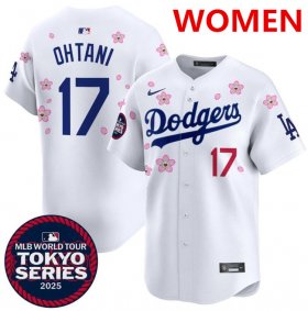 Cheap Women\'s Los Angeles Dodgers #17 Shohei Ohtani White 2025 Tokyo Series Limited Stitched Baseball Jersey(Run Small)
