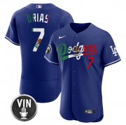 Cheap Men's Los Angeles Dodgers #7 Julio Urias Royal Mexico Special Vin Scully Patch Flex Base Stitched Baseball Jersey