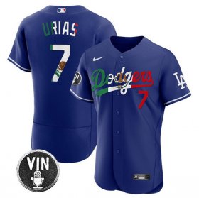 Cheap Men\'s Los Angeles Dodgers #7 Julio Urias Royal Mexico Special Vin Scully Patch Flex Base Stitched Baseball Jersey