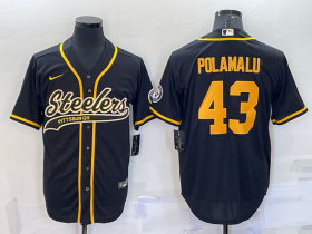 Wholesale Cheap Men\'s Pittsburgh Steelers #43 Troy Polamalu Black Gold With Patch Cool Base Stitched Baseball Jersey