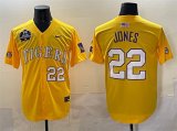 Cheap Men's LSU Tigers #22 Jared Jones Gold 2025 World Series & SEC Patch Stitched Baseball Jersey