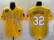 Cheap Men's LSU Tigers #32 Kade Anderson Gold 2025 World Series & SEC Patch Stitched Baseball Jersey