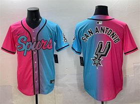 Men\'s San Antonio Spurs Team Big Logo Pink Blue Limited Stitched Baseball Jersey