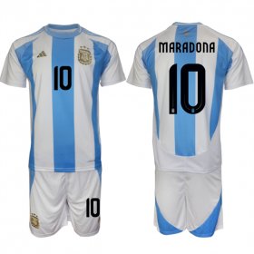 Cheap Men\'s Argentina #10 Diego Maradona White Blue 2024-25 Home Soccer Jersey Suit