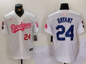 Cheap Men\'s Los Angeles Dodgers #24 Kobe Bryant White Pink Vin & Kobe Patch Stitched Baseball Jerseys