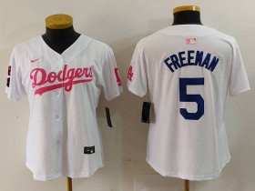 Cheap Women\'s Los Angeles Dodgers #5 Freddie Freeman White Pink With Patch Limited Stitched Jersey
